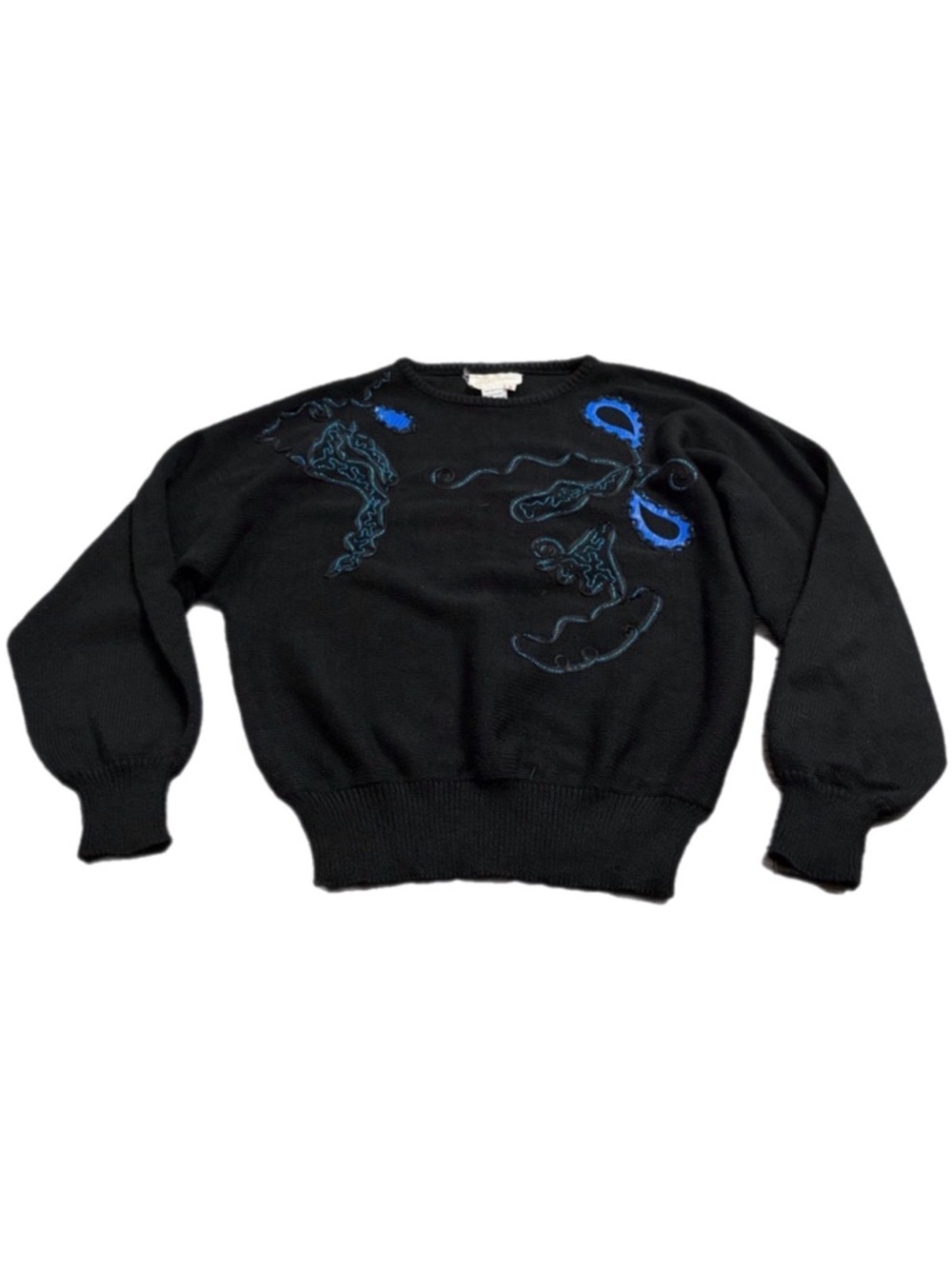 80s Vintage Lilly of California Abstract Embroidered Knit Sweater (Black/Blue)M